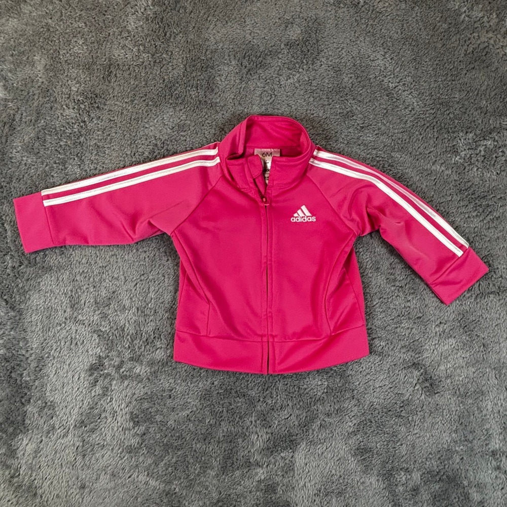 Adidas Infant Girls Pink 3-Stripe Full Zip Track Jacket Size 6M Mock Neck Logo